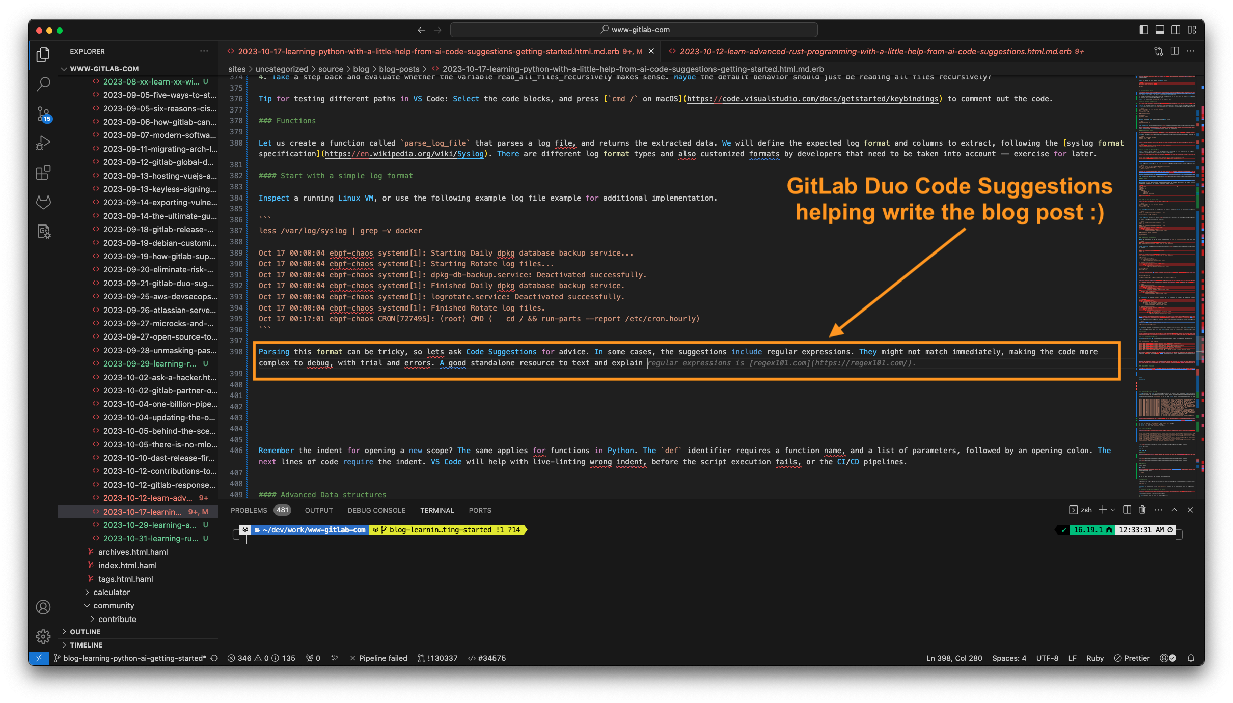 Writing the GitLab blog post in VS Code with support from GitLab Duo Code Suggestions