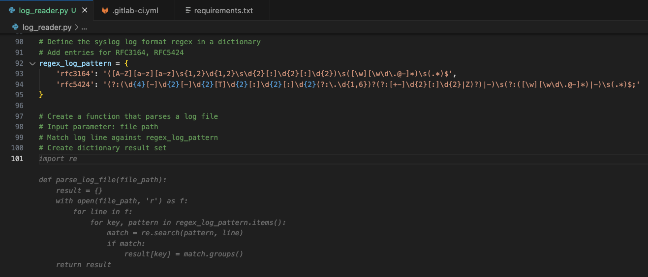 Code suggestion based on a multiline comment instruction to get a function that parses a log file based on regex patterns