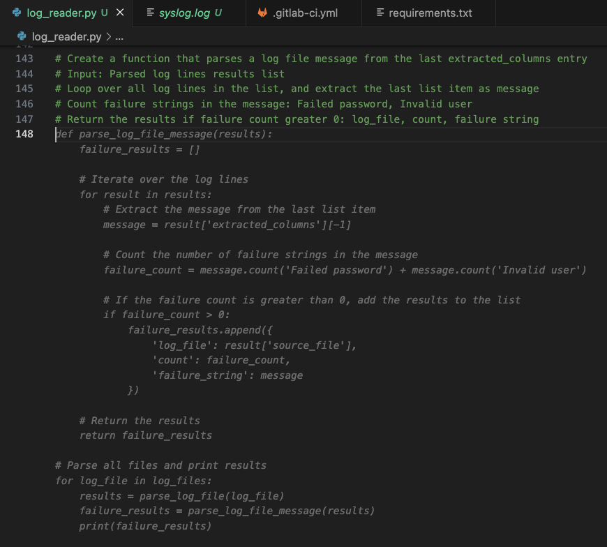 Code suggestions for a log file message parser to count auth.log failures