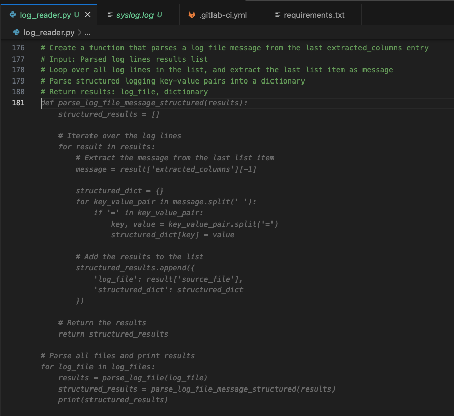 Code suggestions for parsing structured logging format in the log file message part