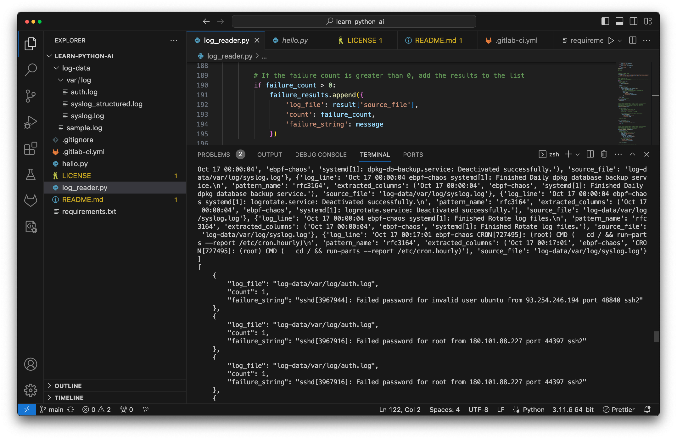 Parsing log files into structured objects, example result after following the exercises