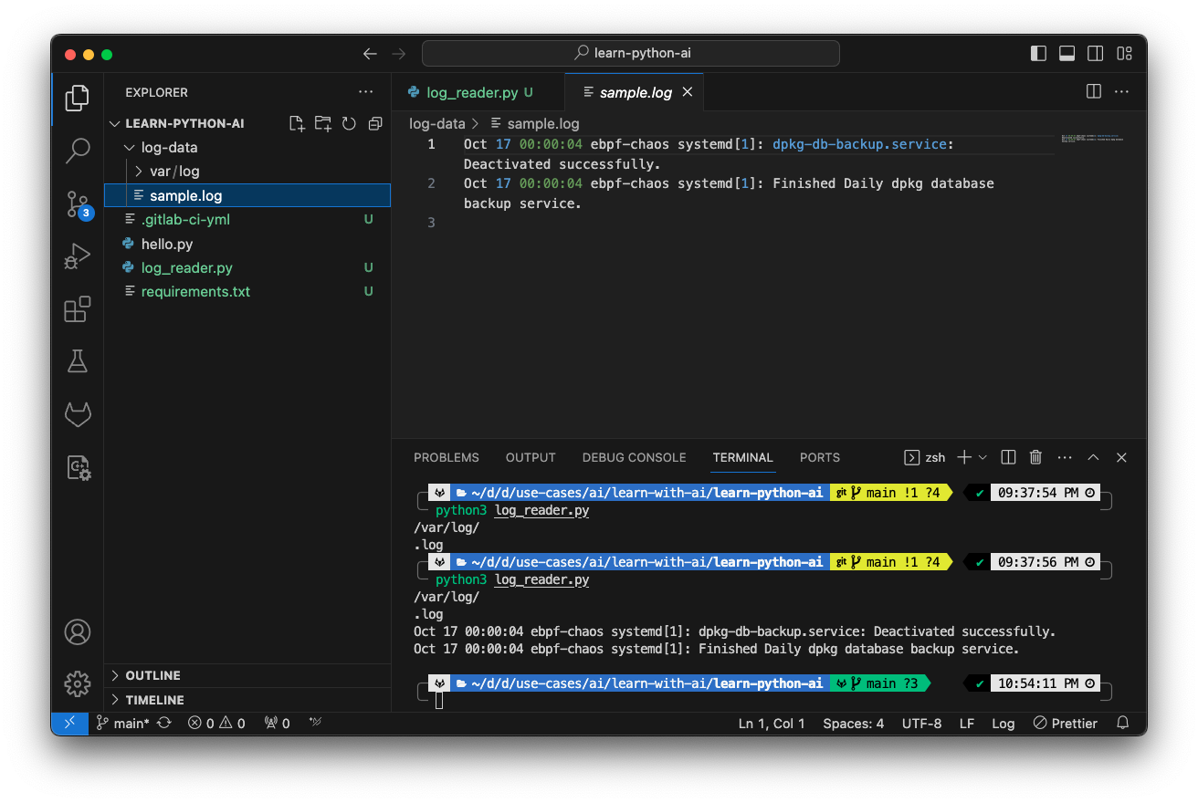 VS Code terminal: Read log file, and print it