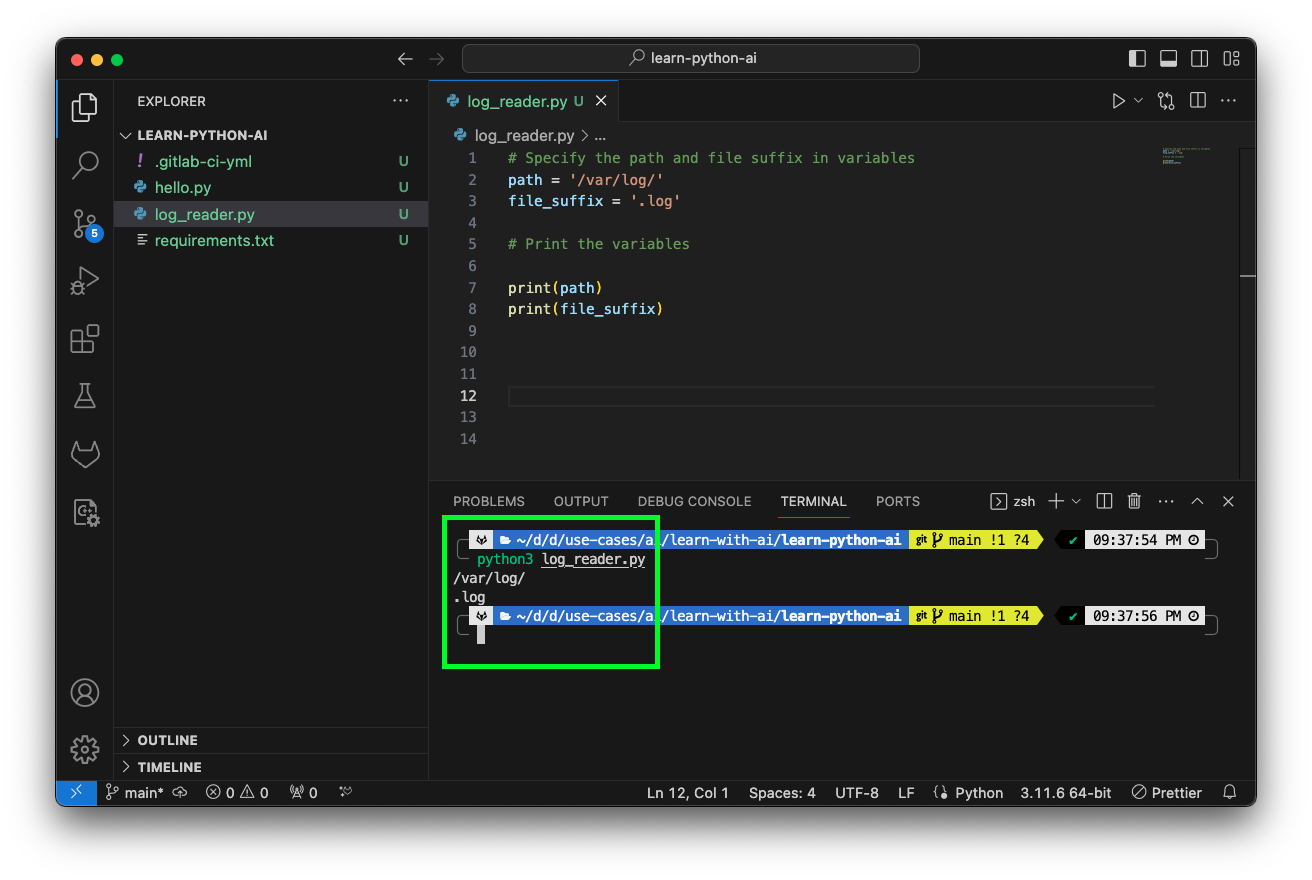 VS Code terminal, printing the variables