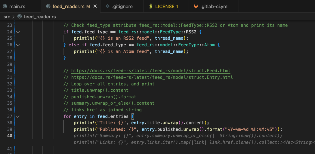 Code suggestions to print feed entry types, with specific requirements