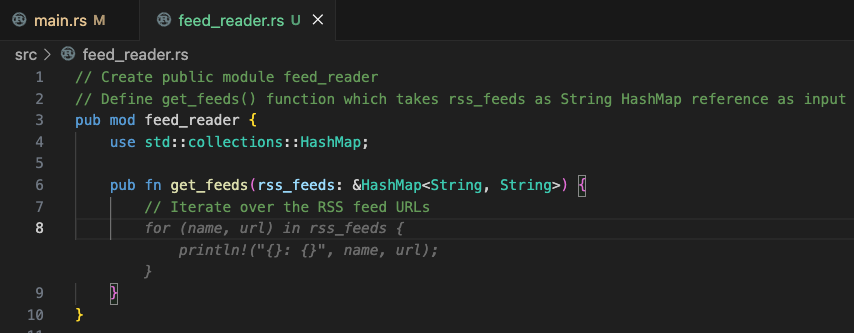 Code Suggestions: Public module with `get_feeds()` function, step 1: Iterate