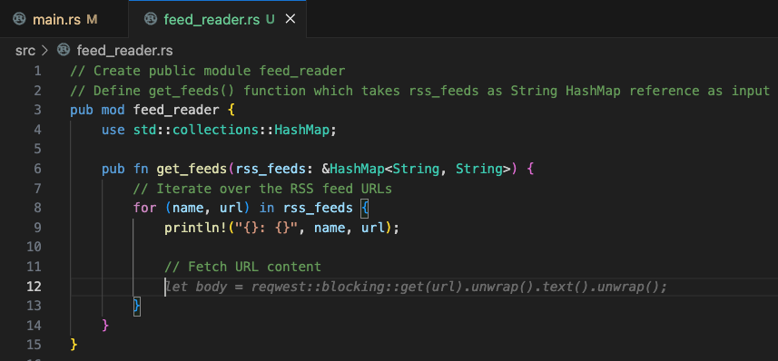 Code Suggestions: Public module with `get_feeds()` function, step 2: Fetch URL content