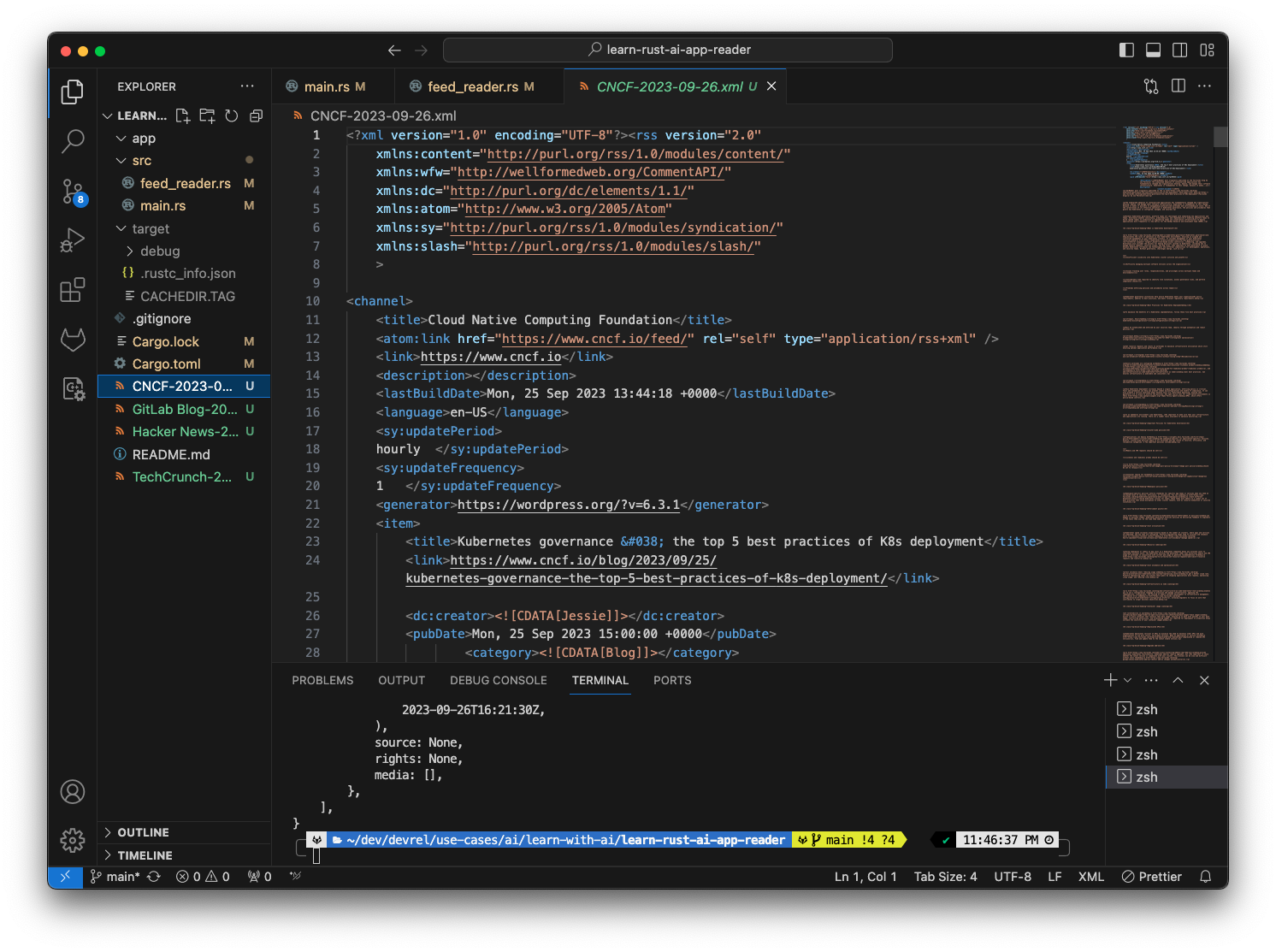 VS Code with CNCF RSS feed content file, saved on disk