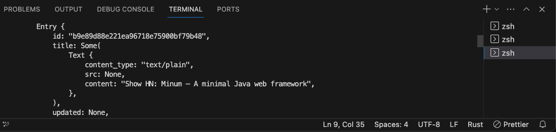 VS Code terminal, cargo run to fetch Hacker News XML feed