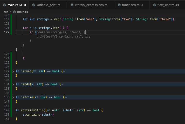 containsString function, and vector with string elements to test, suggesting its usage in the main function