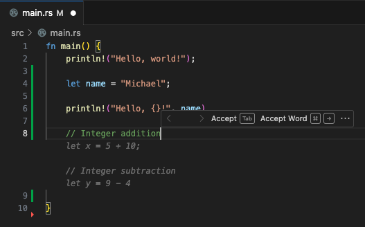 VS Code main.rs Rust code suggestion, primitive types with literals and expressions