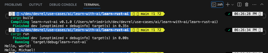 VS Code terminal with cargo build and run output