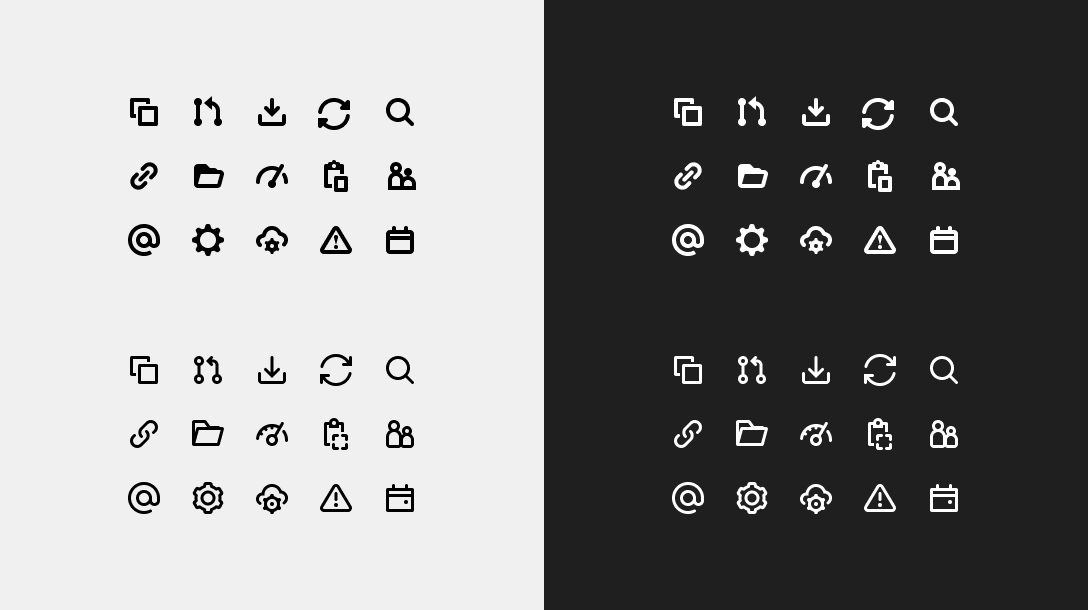 Before and after icon comparison in light and dark UI
