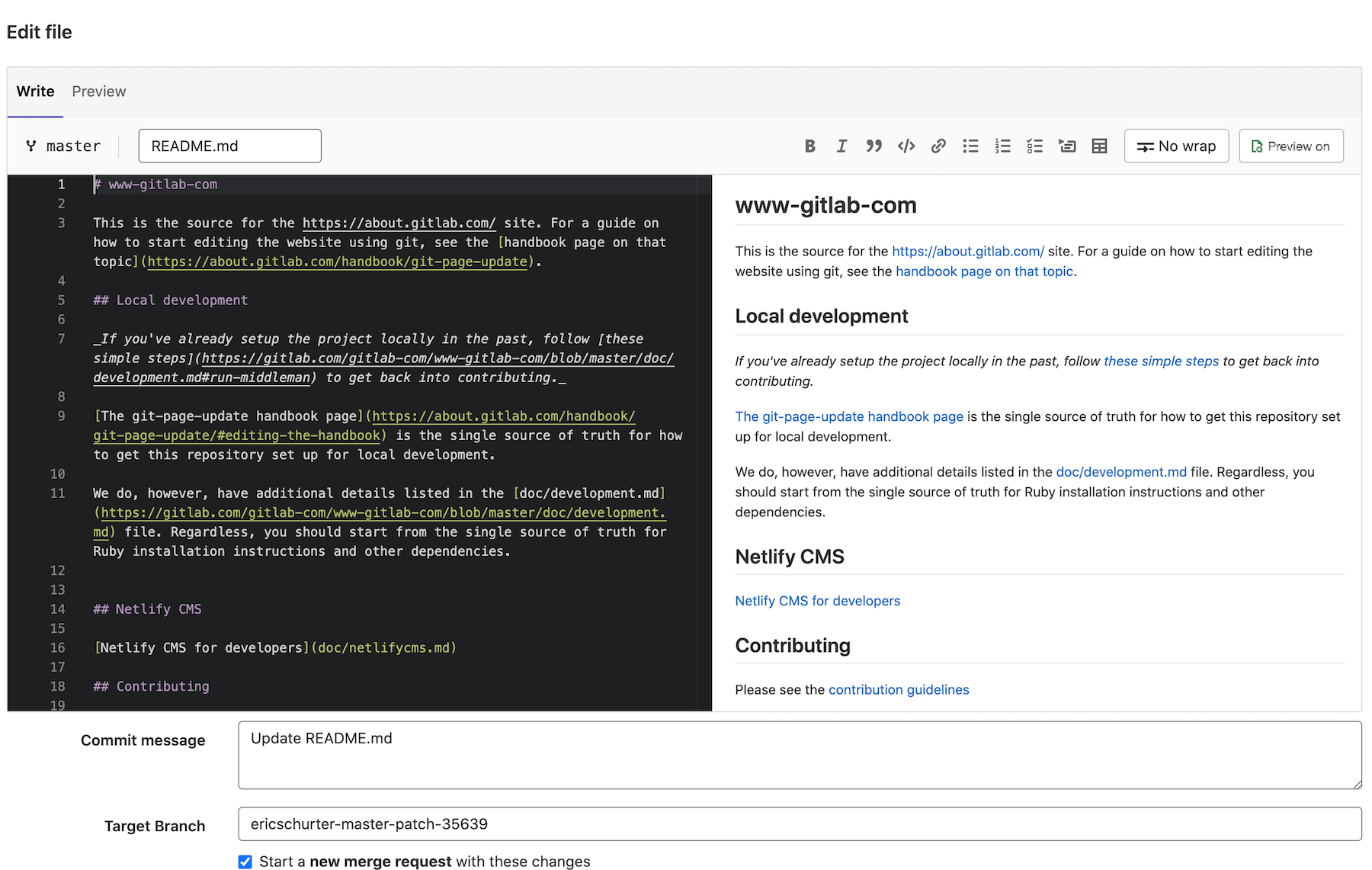 Example of real-time Markdown Preview side-by-side panels