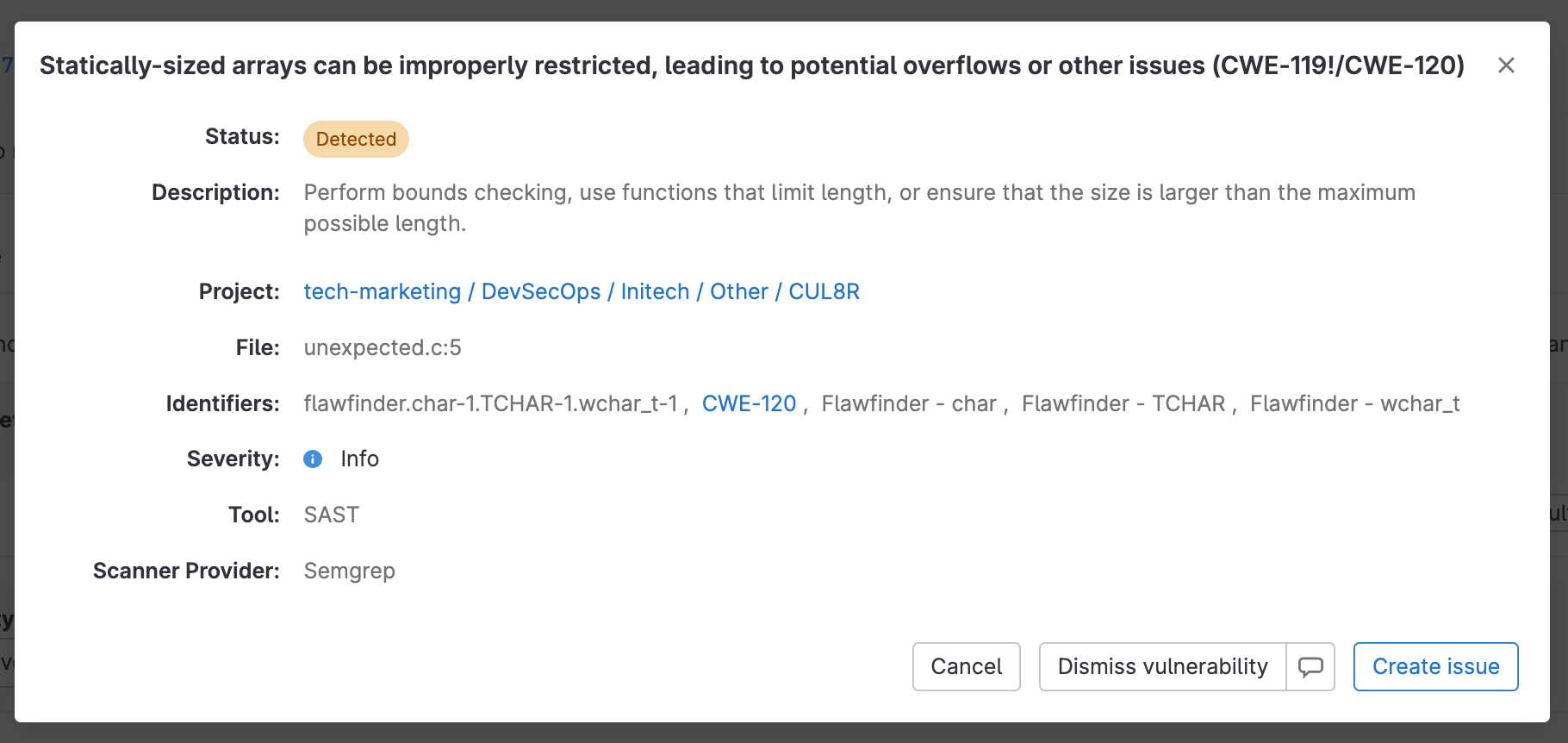 GitLab SAST scanner results