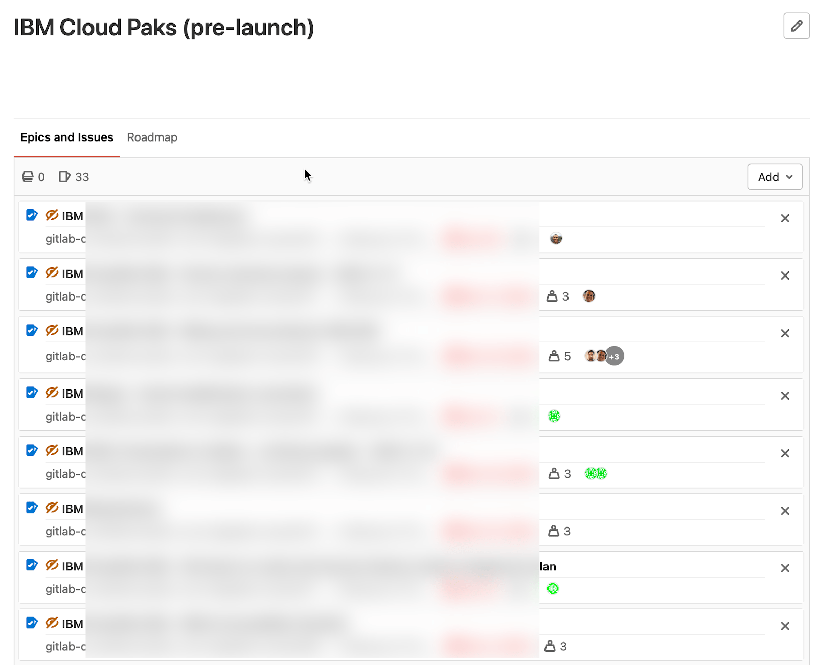 The list view shows inside the "IBM cloud paks: Pre-launch" epic are 33 issues