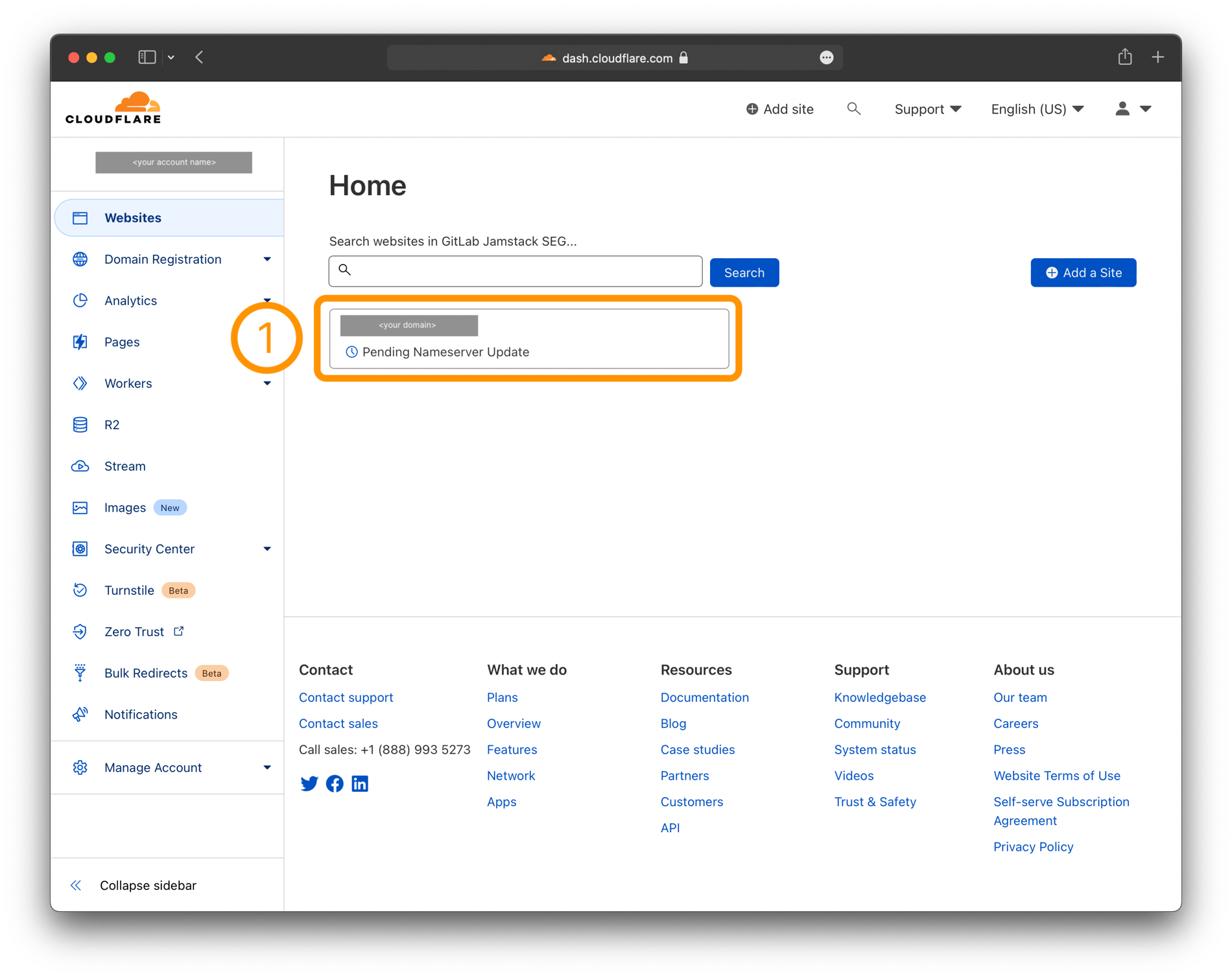 Screenshot: Find your website on the Cloudflare Dashboard
