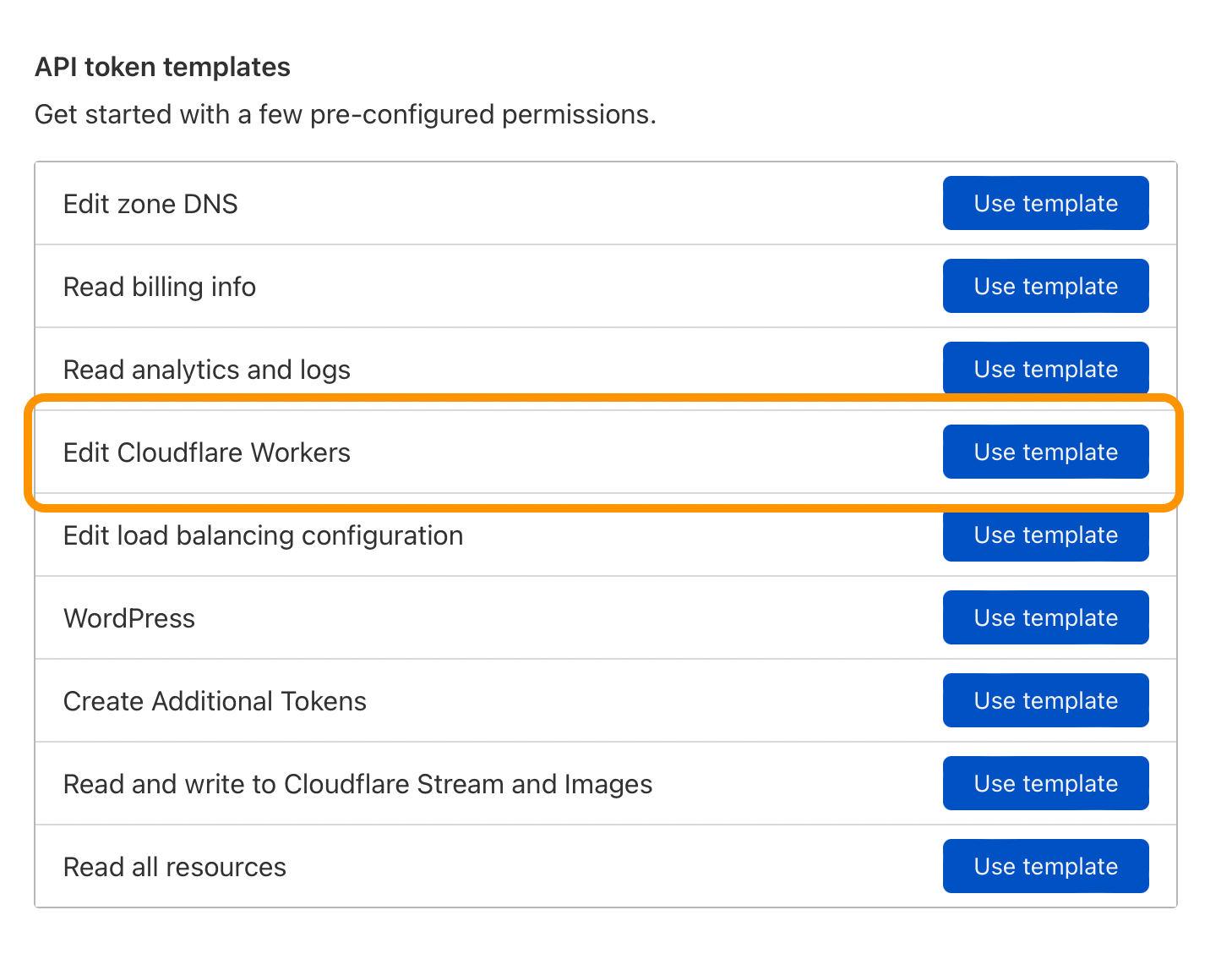 Screenshot: Select API Token template "Edit Cloudflare Workers"