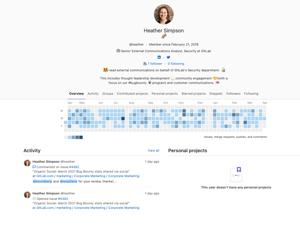 Screenshot of Heather Simpson's public GitLab profile