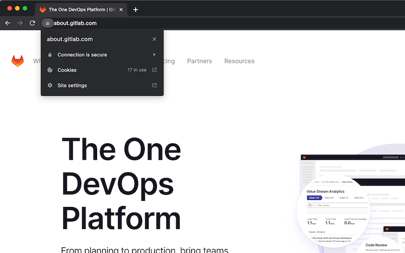 GitLab's website, indicating the secure connection by clicking on the lock icon in the URL bar