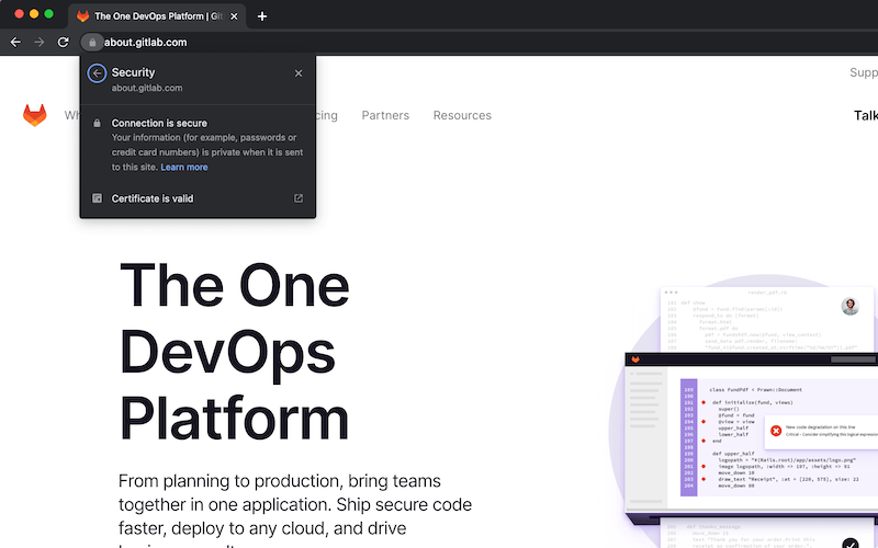 GitLab's website indicating the security certificate is valid in the lock icon on the URL browser bar