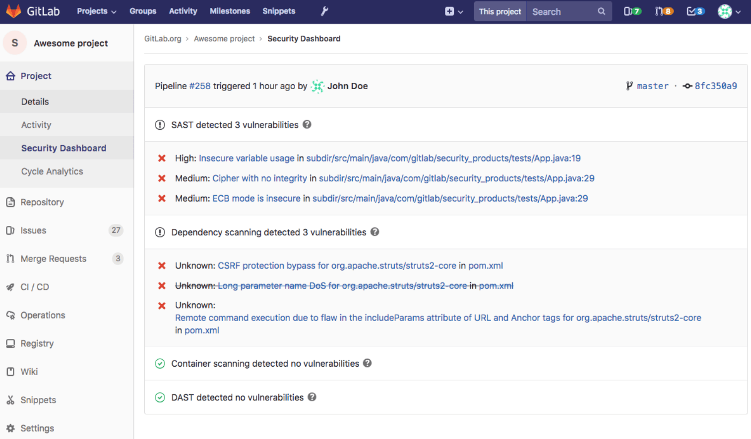 GitLab security dashboard