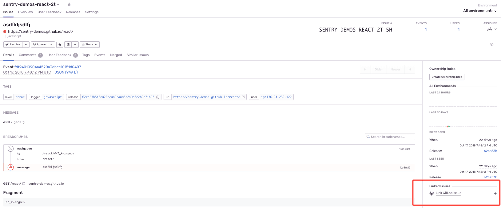 GitLab account in Sentry