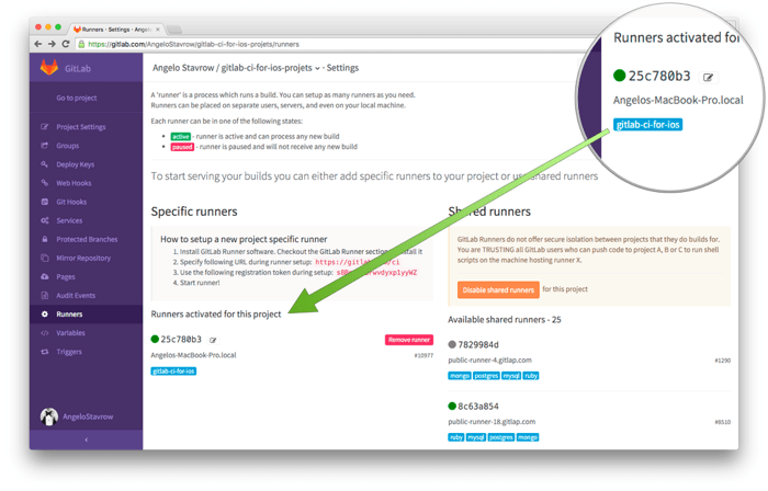 The GitLab Runner is recognized in GitLab's Project Settings.