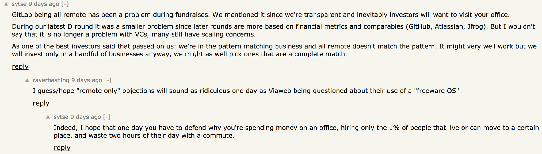 Sid responds to a Hacker News comment, writing that all-remote companies are the future and that one day, in-office companies will have to discuss why they are not remote