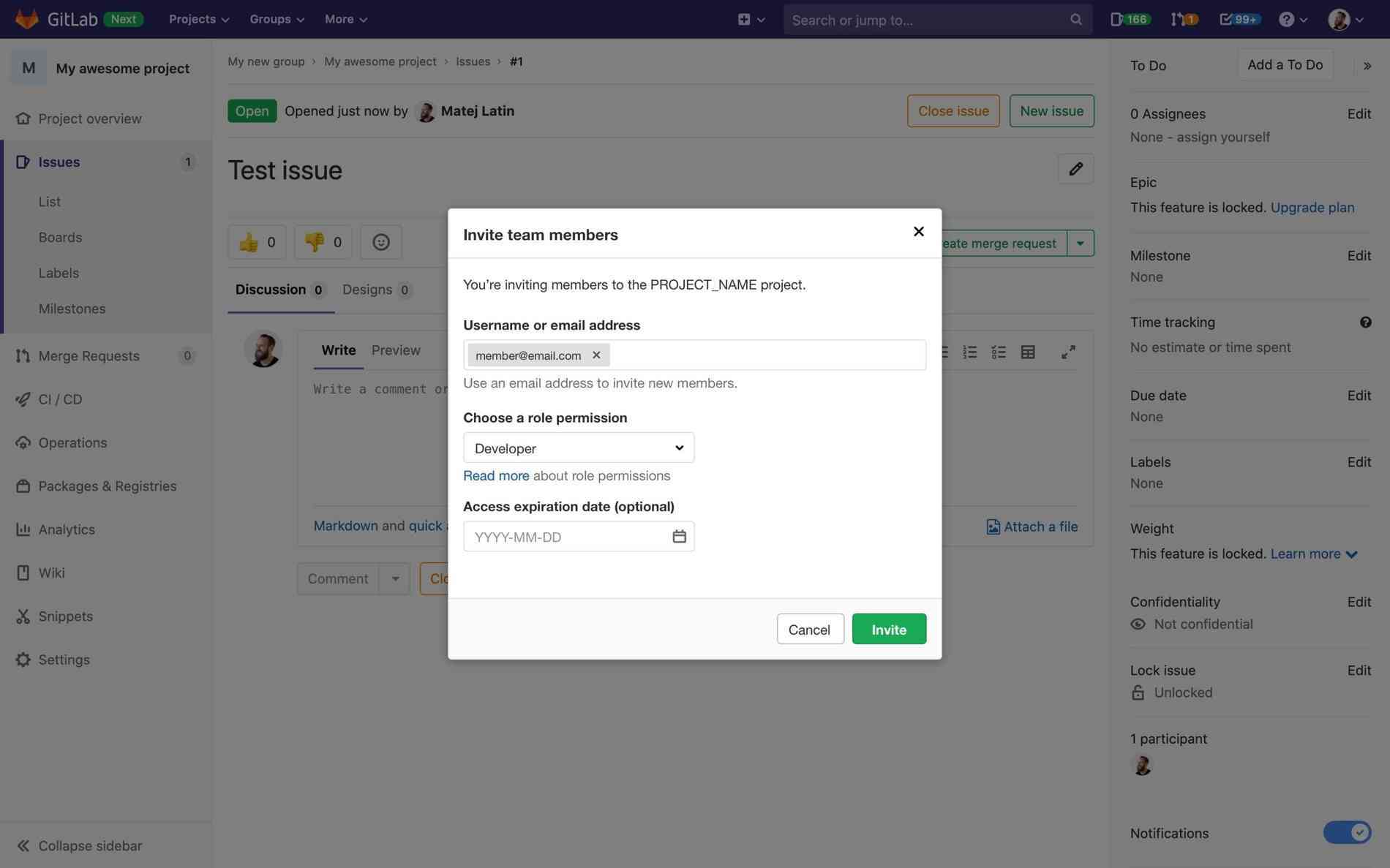 Modal invite form