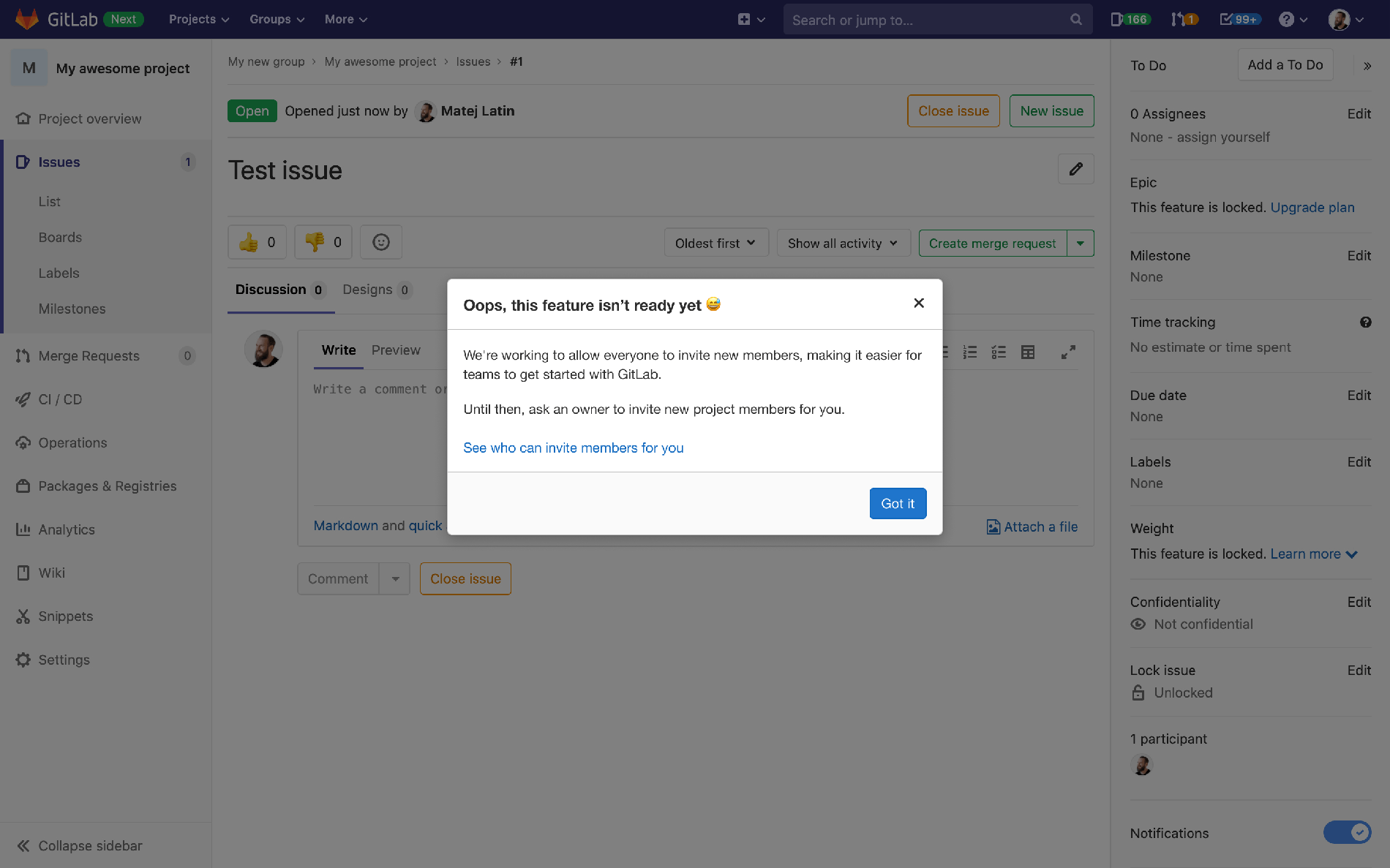 Modal showing "invite members" feature isn't ready yet