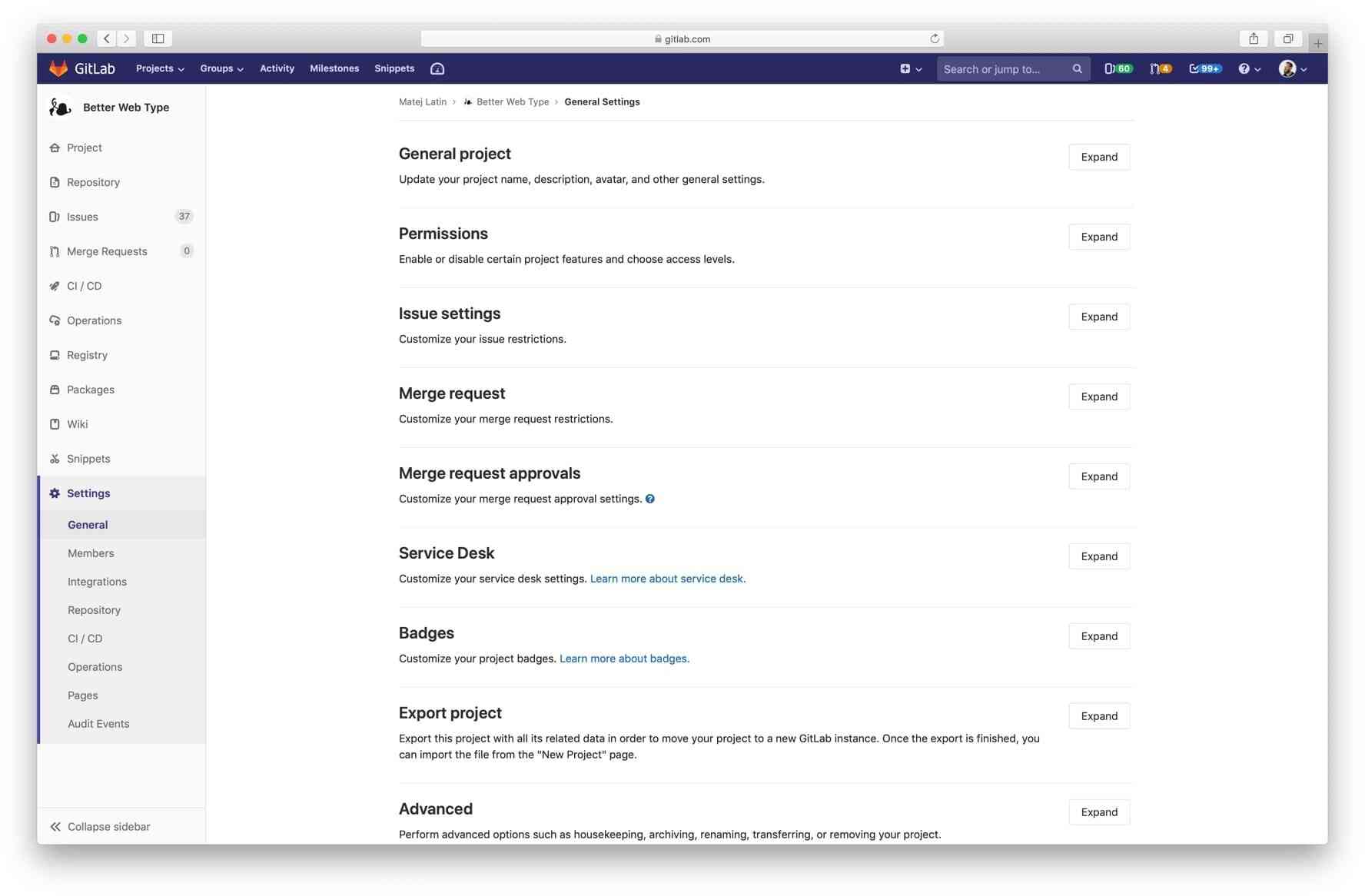GitLab's project settings page