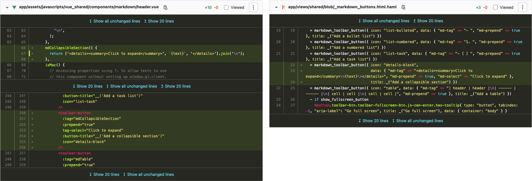 Image of Vue and Haml files with editor shortcuts