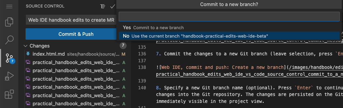 Web IDE, commit and select MR associated branch