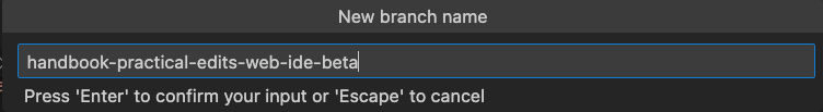 Web IDE, commit and push: Branch name