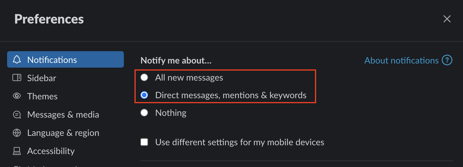 screenshot of slack notification settings