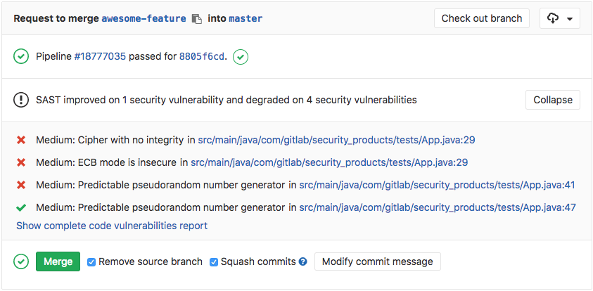 An example of a SAST summary within a GitLab merge request